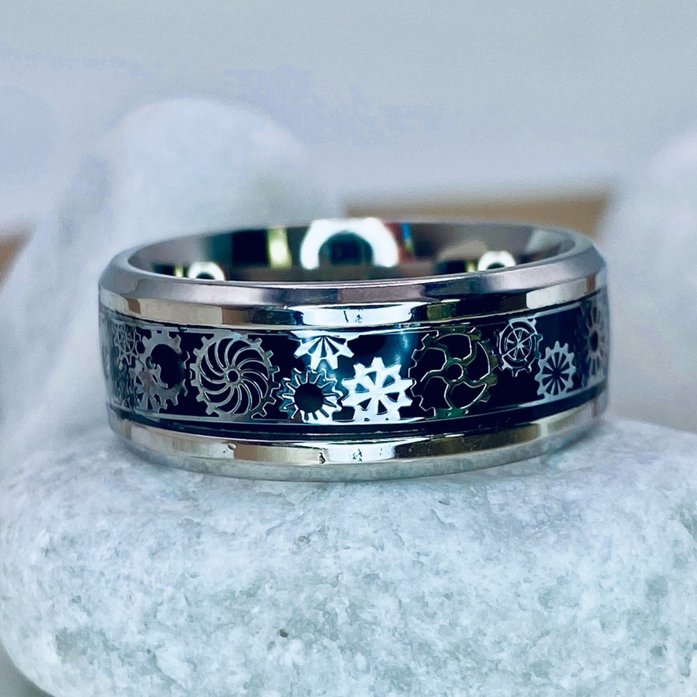 Titanium Steel Black and Mechanical Gears Accents Silver Statement Band Ring